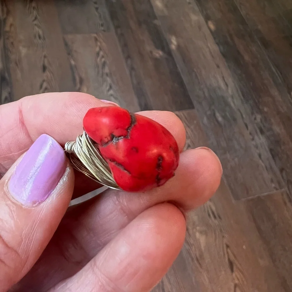 Red Coral Stone Silver Nest Ring Size 9 boho southwestern western artisan